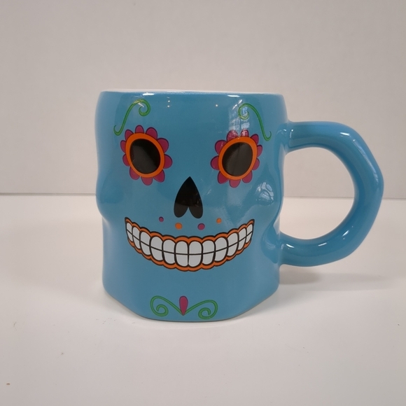 Sugar Skull coffee mugs, blue and orange, day of the dead, Halloween, both mugs - Picture 5 of 8